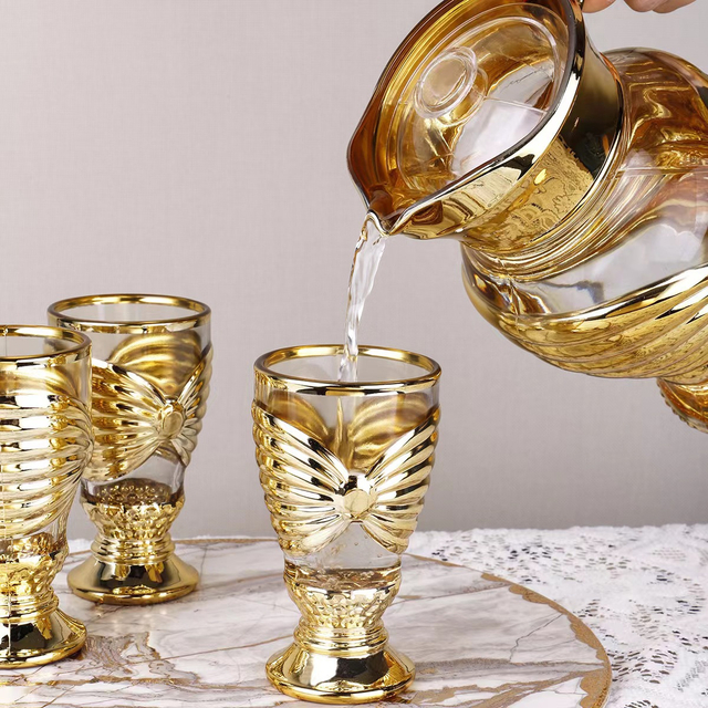 Wholesale 7 PCS Milk Gold Color Plated Electroplating Water Jug Cup Set Glass Drinking Glass Set