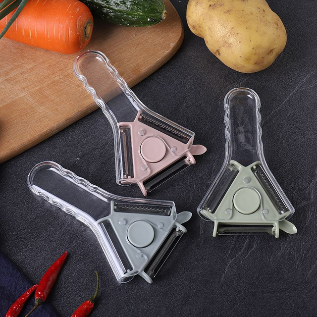 3 in 1 Kitchen Vegetable Fruit Tool Switchable Three Sided Blade Stainless Steel Slicer Cutter Peeler with Clear Plastic Handle