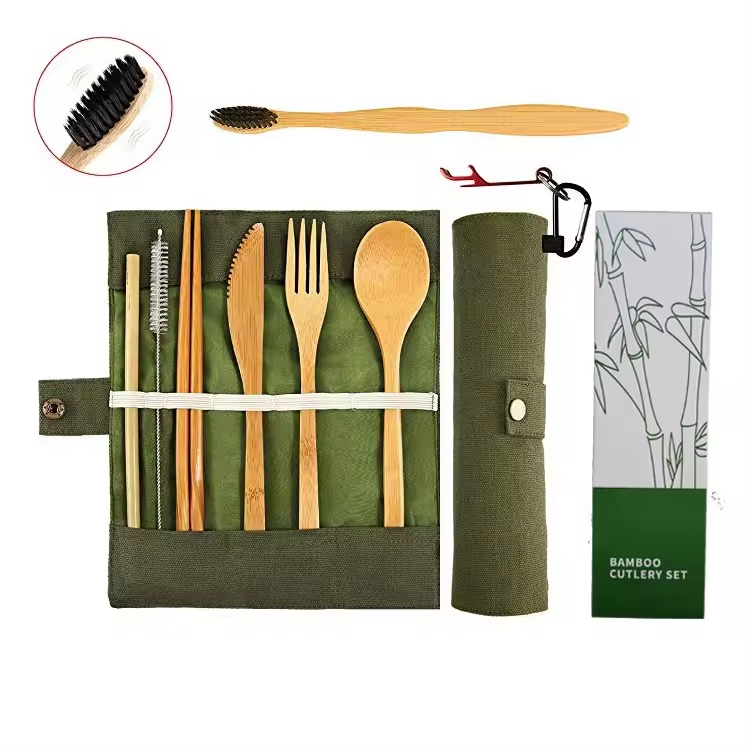 Eco Friendly Portable Reusable Pocket Flatware Camping Travel Bamboo Cutlery Set Manufacturer