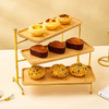 3 Layers Removable Baking Tray Gold Metal Cake Snack Dessert Display Stand with Wood Ceramic Plate