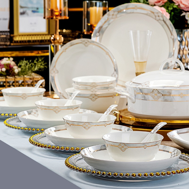 Flower Pattern High-End Tableware Bowl Plates Sets White Gold Ceramic Dinnerware Luxury Porcelain Dinner Sets