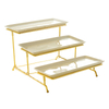 3 Layers Removable Baking Tray Gold Metal Cake Snack Dessert Display Stand with Wood Ceramic Plate