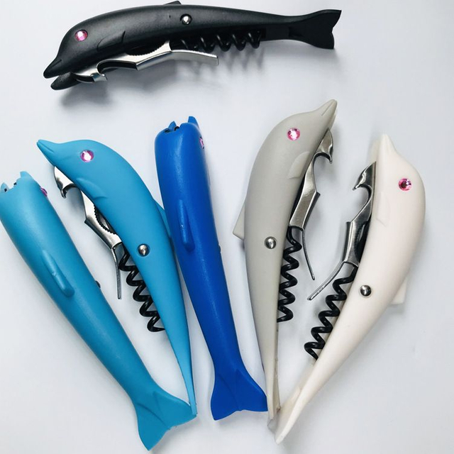 Manual Stainless Steel Wine Bottle Jar Corkscrew Cute Animal Dolphin Plastic Pp Handle Opener with Thread for Home