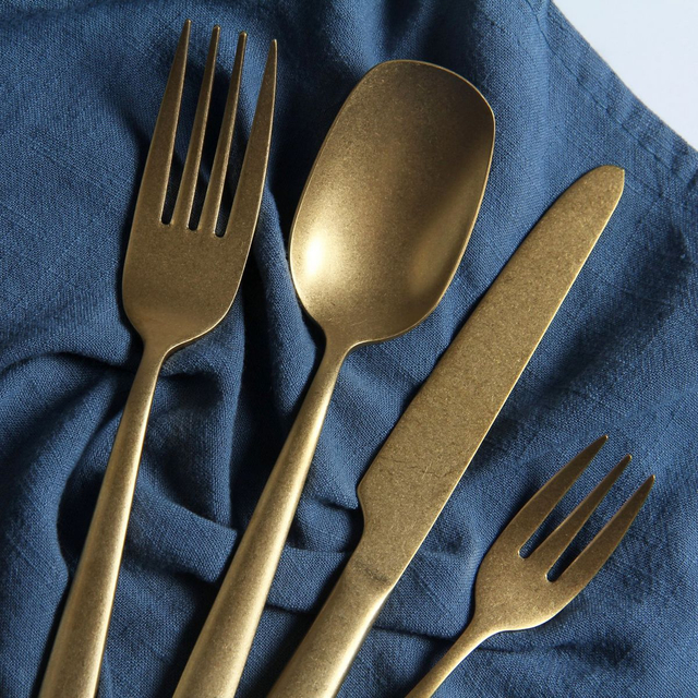 5PCS Retro Metal Flatware Stainless Steel 430 Dinner Knife Fork Dessert Spoon Set Gold Plated Cutlery Set