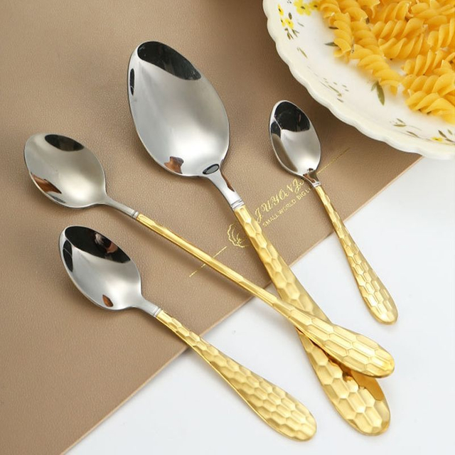 7PCS Flatware Dinner Spoon Fork Steak Knife #410 Stainless Steel Cutlery Set with Water Cube Gold Handle for Hotel Restaurant