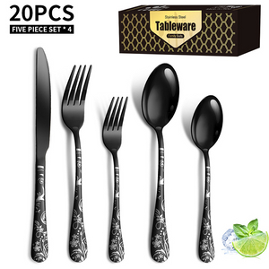 20 Pcs Spoon Fork Knife Set Stainless Steel Flatware Gold Black