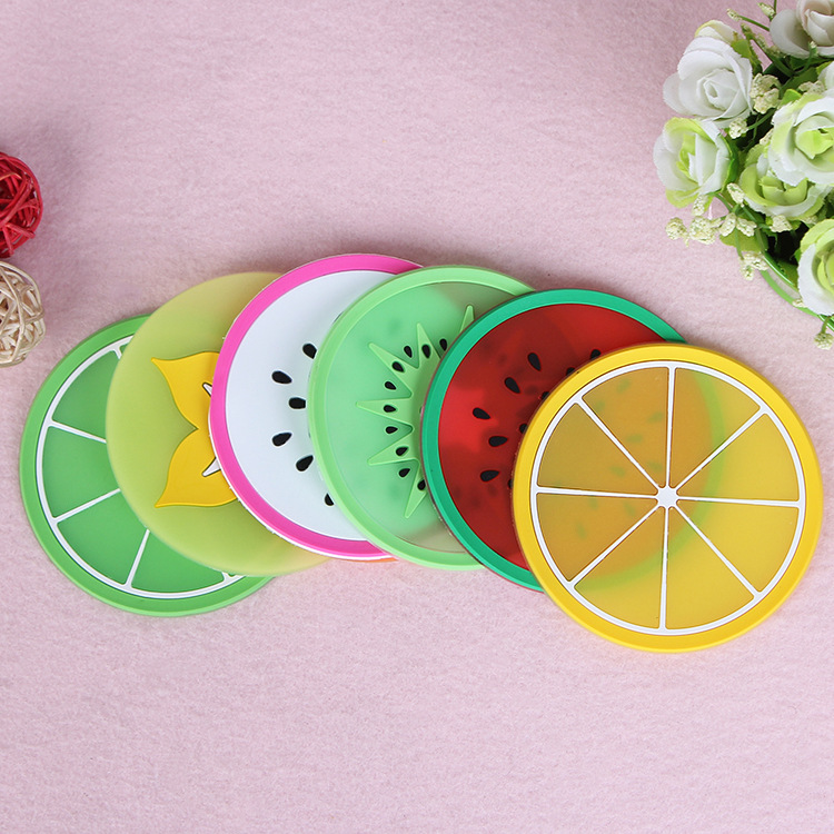Eco-friendly Cute Cartoon Fruit Pattern Candy Color Silicone Rubber Soft Pvc Drink Cup Coasters