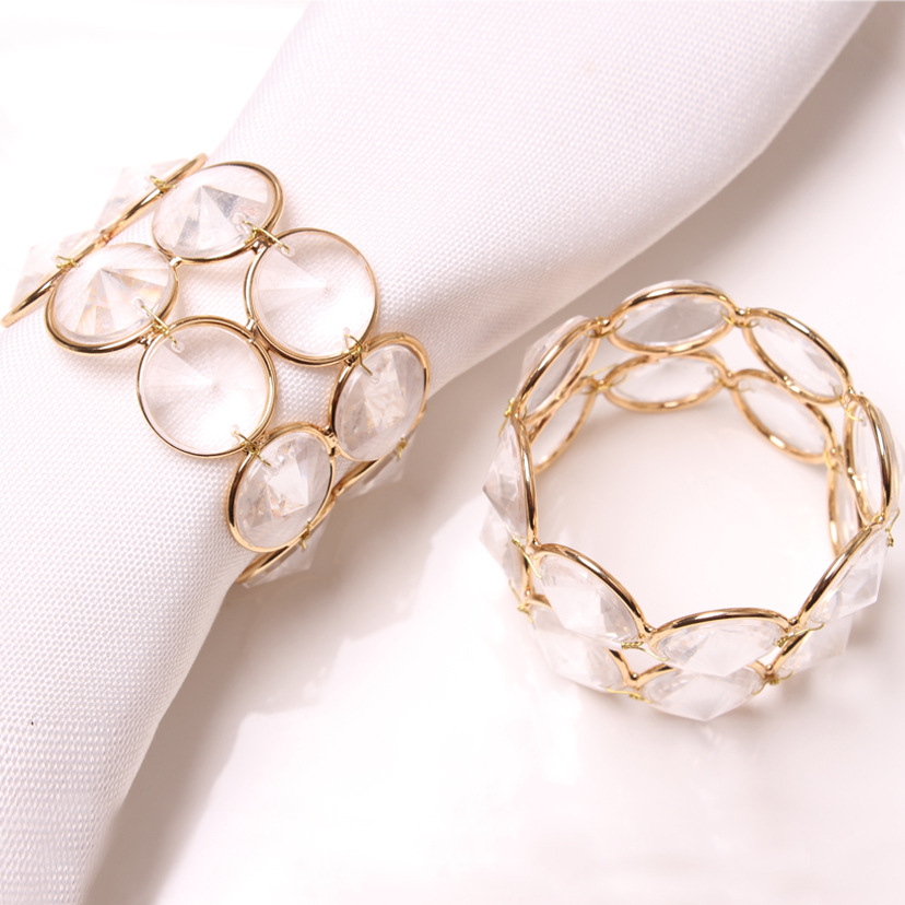 Luxury Gold Plated Clear Stretch Raw Crystal Glass Napkin Ring for Hotel Restaurant Wedding Event