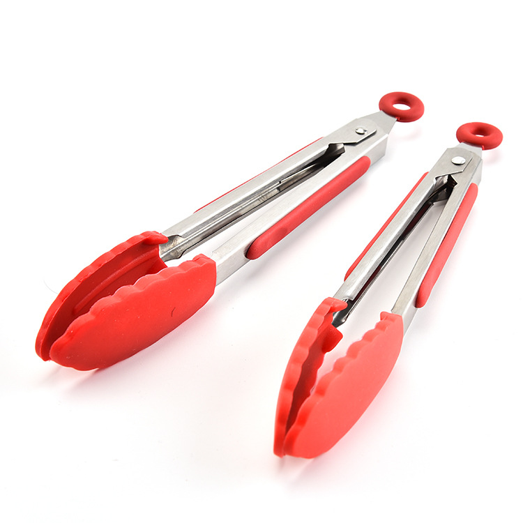Nonstick Red Color Barbecue Kitchen Cooking Food Grill Serving Silicone Handle Stainless Steel Bbq Tongs with Stand