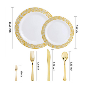Disposable Spoon Fork Knife And Plate Flatware Rose Gold Plastic Cutlery Set