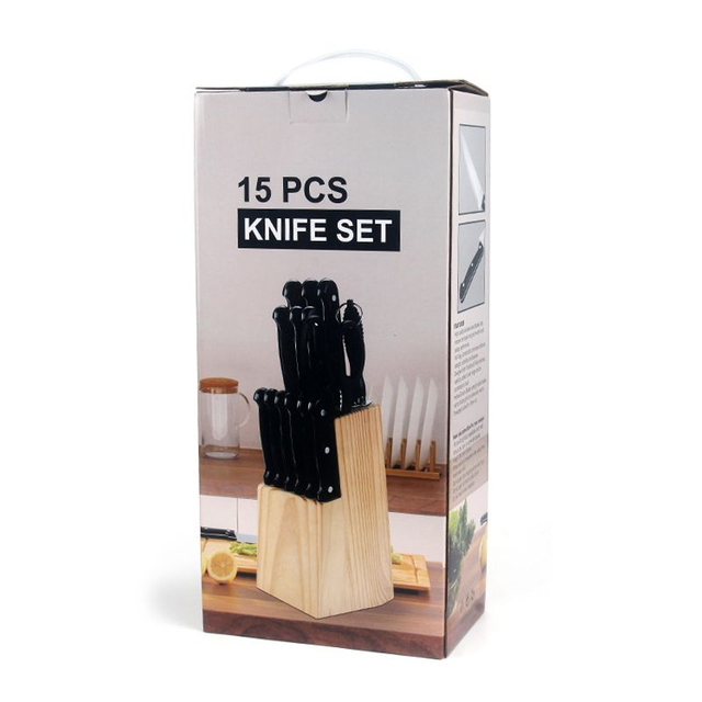 15pcs Knives Stainless Steel Knife Set With Block Sharpener Scissors PP Plastic Handle