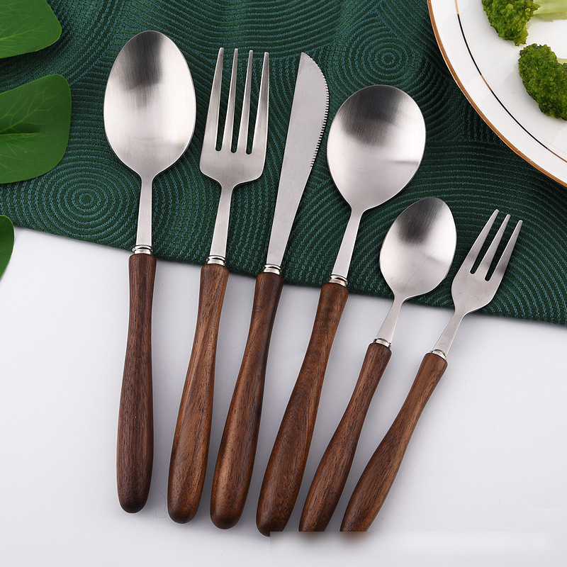 New Nordic Style Steel Dinner Utensils 6 Pcs Teak Cutlery Set with Wood Handle for Restaurant