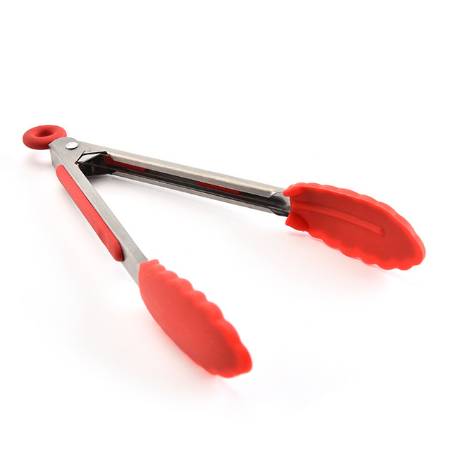 Nonstick Red Color Barbecue Kitchen Cooking Food Grill Serving Silicone Handle Stainless Steel Bbq Tongs with Stand