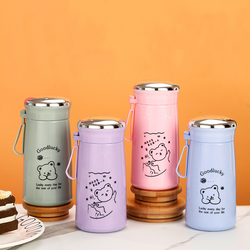 Cute Cartoon Bear Colored 280 Ml Glass Water Bottle with Lid for Kid Children
