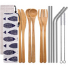 7 Pcs Metal Straw Fork Knife Spoon Chopstick Bamboo Fiber Cutlery Set with Blue Felt Cotton Pouch Bag for Travel