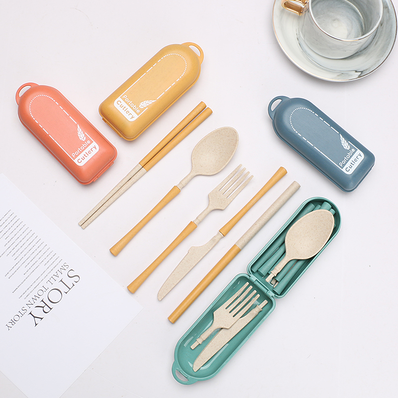 Portable Travel Portable Plastic Flatware Spoon Fork Chopsticks Knife Straw Wheat Straw Cutlery