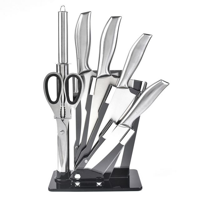 Multifunctional Seven 7 Pcs Set Premium Heavy Duty Stainless Steel Kitchen Chef Knife with Stand Holder Base Rack