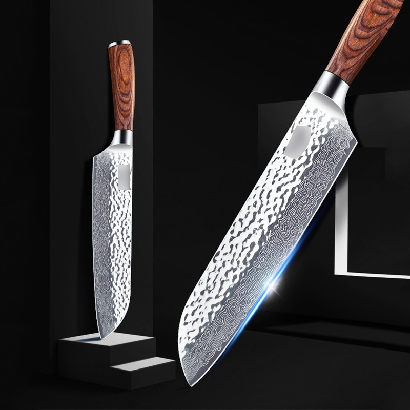 Brown Wood Handle Blank Blade Damascus Stainless Steel Steak Chef Knife