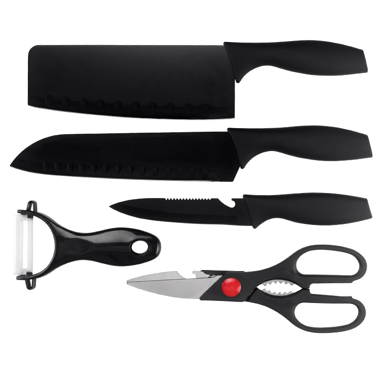 5 Pcs Stainless Steel Black Vegetables Cutter Peeler Scissors Kitchen Knife Set in Gift Box