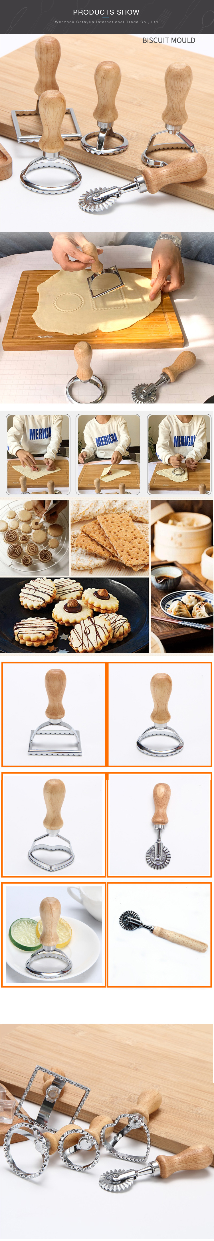 Custom small circle geometric shapes baking decoration set zinc alloy embossed wooden handle sandwish and cookie cutter