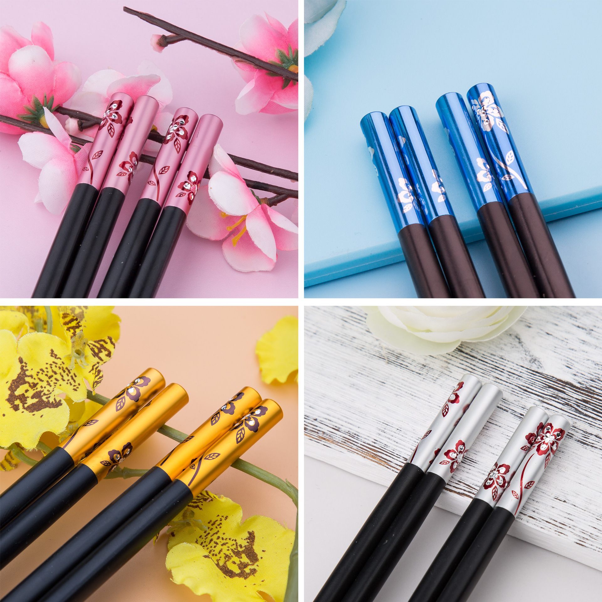 Wholesale reusable colored flower pattern plated alloy black chopsticks for sushi