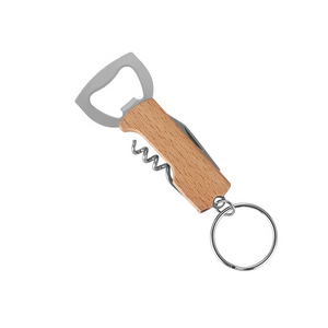Flat blank air pump wine beer bottle jar corkscrew bamboo wood handle opener with keychain key ring