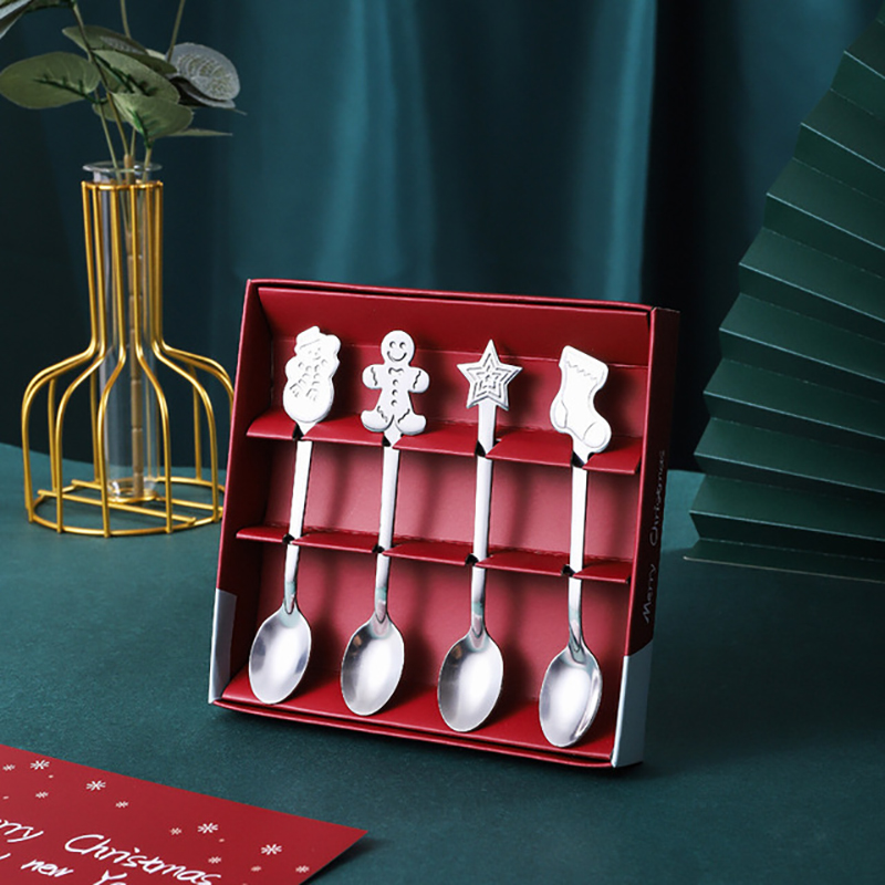 Christmas Silver Rose Gold Metal Material Stainless Steel Desert Coffee Tea Spoon Set with Gift Box