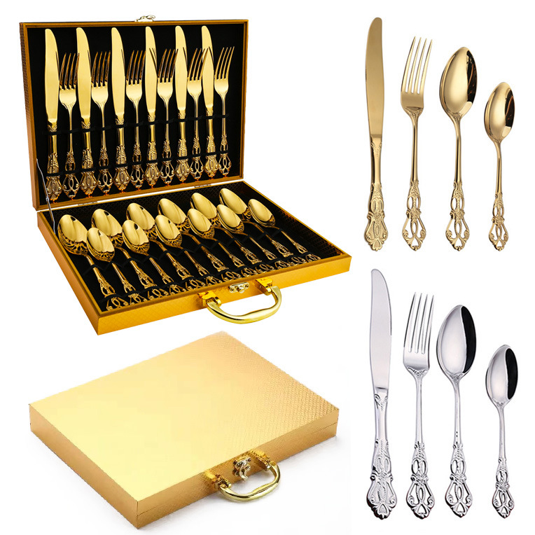 Luxury Cubiertos Retro Flatware Spoon Fork Knife Metal Vintage Wedding Stainless Steel Gold Cutlery Set