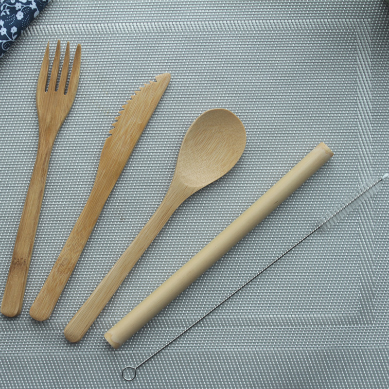 Wholesale eco wooden flatware travel reusable bamboo cutlery set with bag