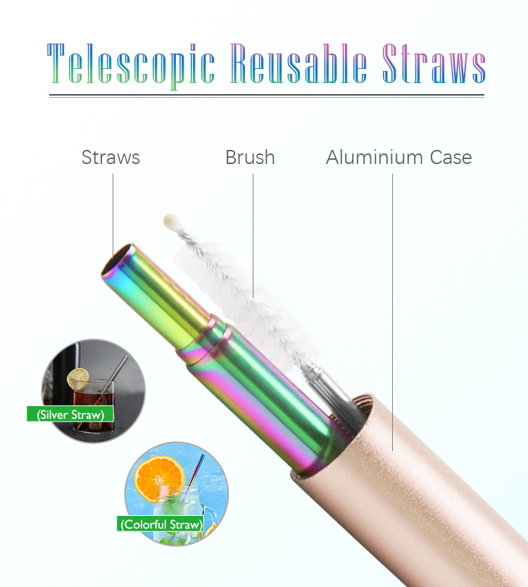 Eco friendly reusable metal stainless steel collapsible drinking straw set with case and bottle opener
