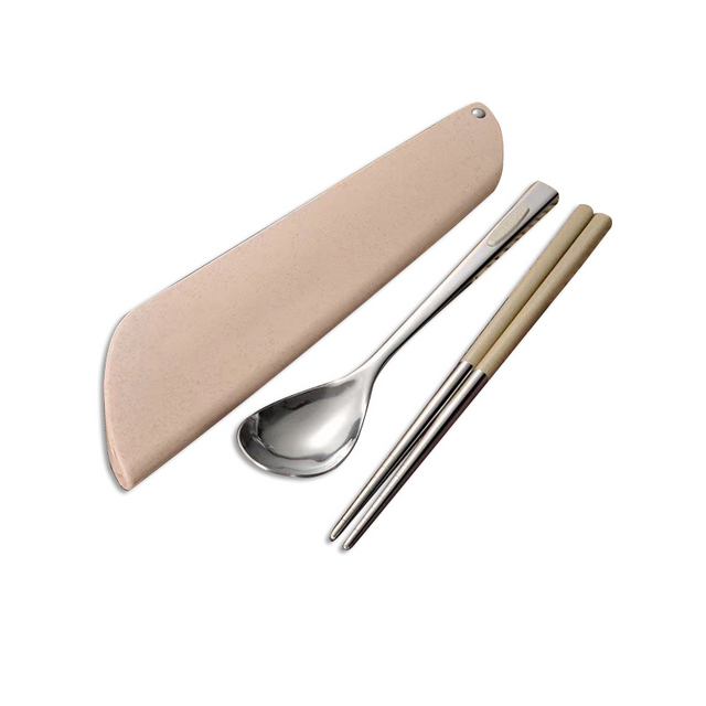 Korean Style Portable Chopstick And Spoon Travel Wedding Gift Stainless Steel Cutlery Set with Wheat Straw Case