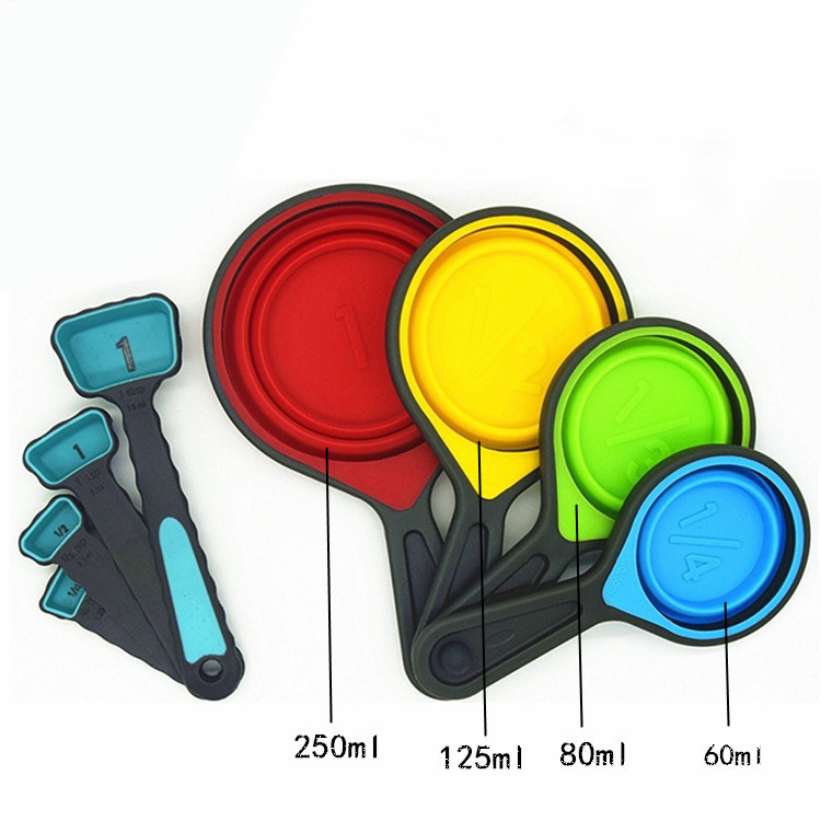 8pcs 250ml 1 cup/2 cup/4 cup small black scale foldable & collapsible silicone measuring spoon and cup set