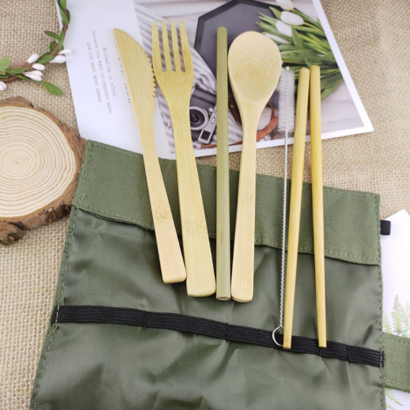 Wholesale eco friendly travel portable wooden flatware reusable organic bamboo fiber spoon fork knife and straw cutlery set