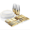 Disposable flatware silverware gold plastic spoons forks knives and plates cutlery set for wedding 