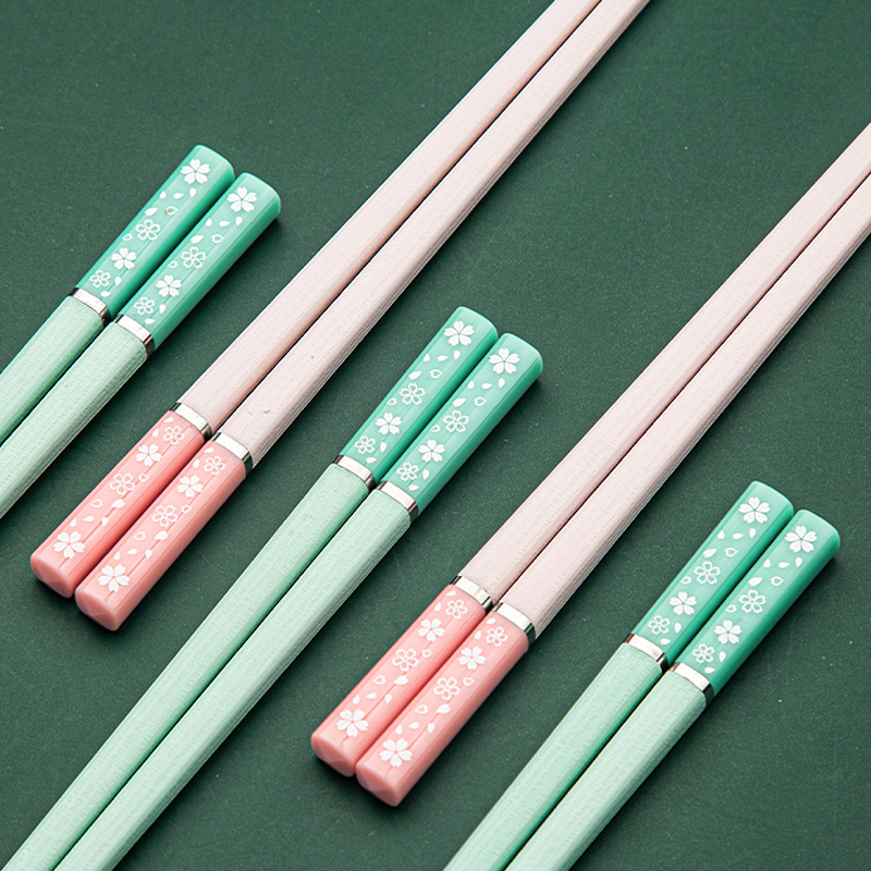 Green Pink Color Cherry Blossom Pattern Printed Matte PET Fiberglass Chopsticks Set of 5 Pairs for Eating Sushi Noodles