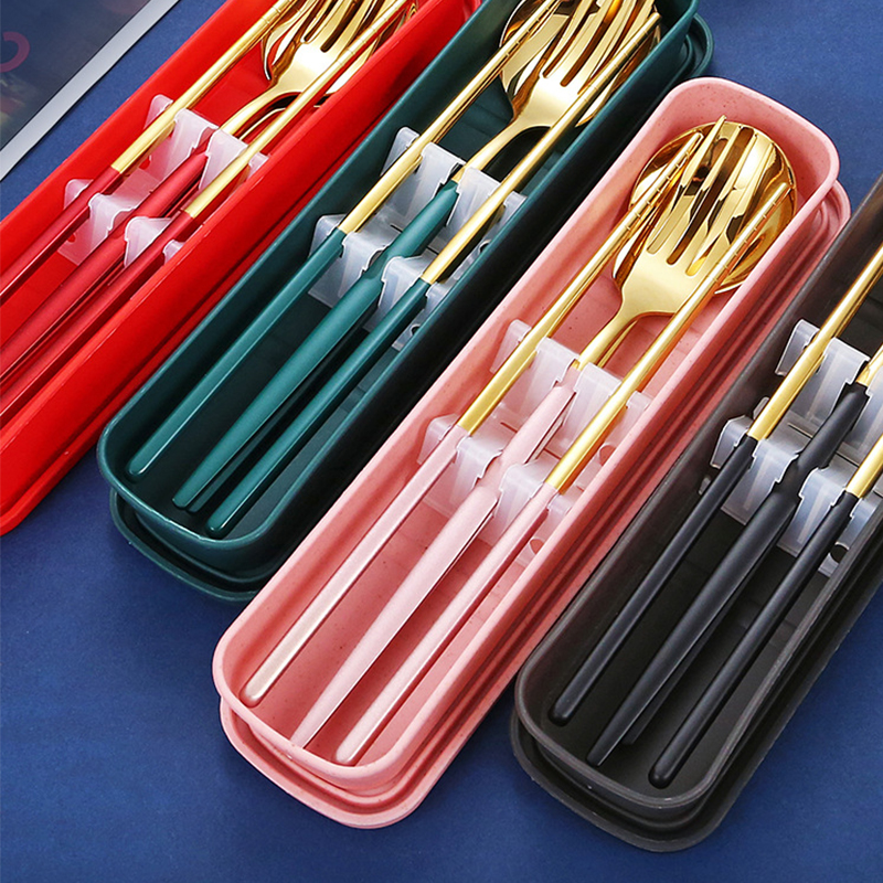 Portable 2 3 Pcs Stainless Steel Flatware Fork Spoon Chopsticks Gold Cutlery Set in Case Box for Travel