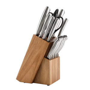 Multifunctional 15 Pcs Stainless Steel Hollow Handle Kitchen Knife Set with Wood Vertical Storage Rack