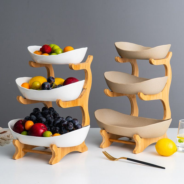 Bamboo Wooden Racks 3 Layers Food Container Dish Pottery Ceramic Plate for Salad Vegetable Fruits Nuts Snacks