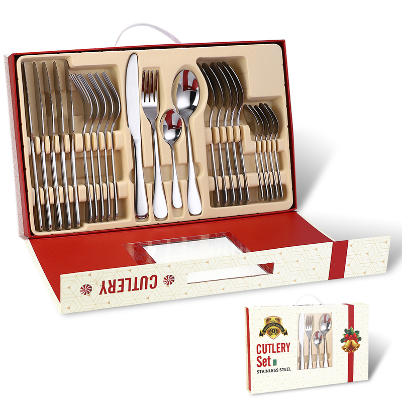 24 Pcs Flatware Stainless Steel Gold Plated Cutlery with Gift Box for Christmas
