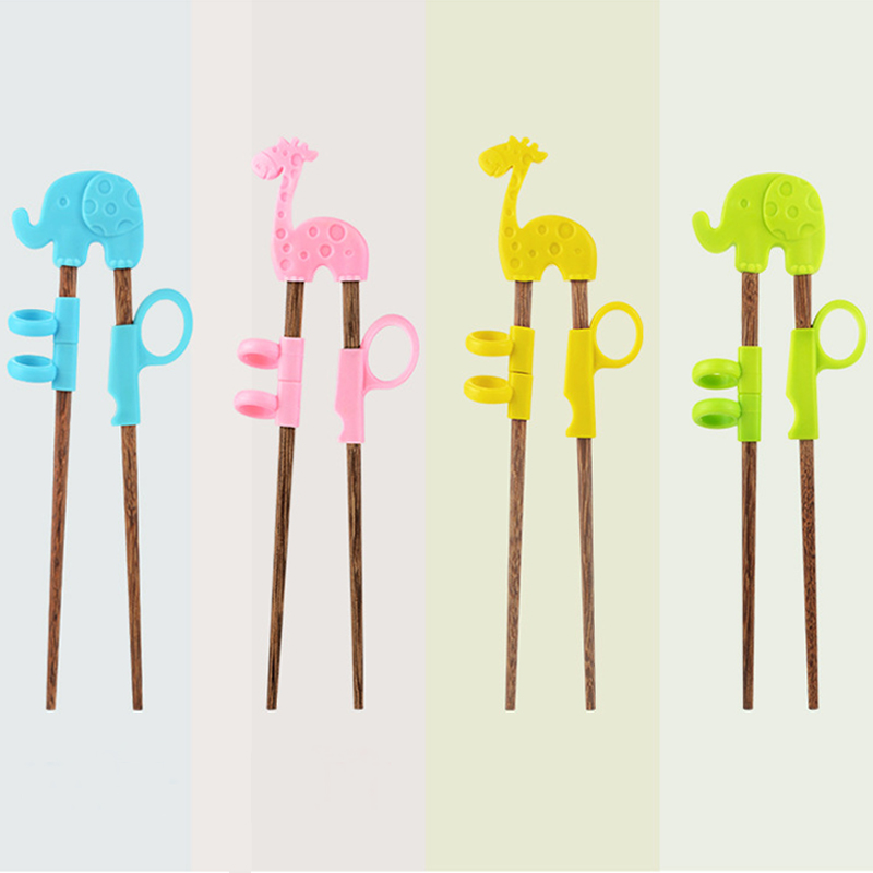 Cartoon Animal Reusable Bamboo Wooden Baby Children Learn Training Chopsticks Helper For Kids Beginners