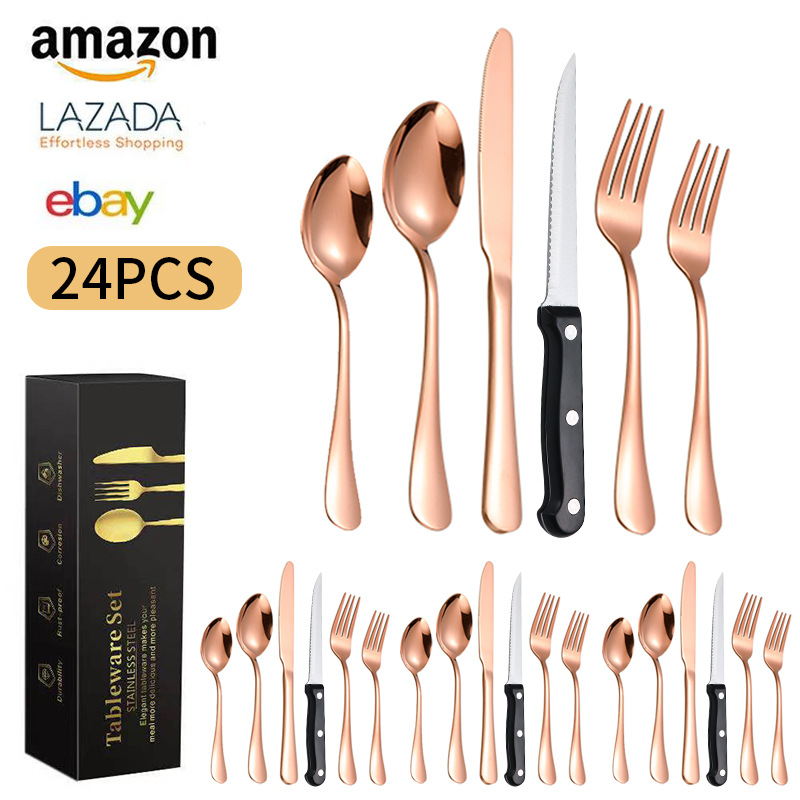 24 Pcs Knife Fork Spoon Flatware Piece Stainless Steel Gold Cutlery Set