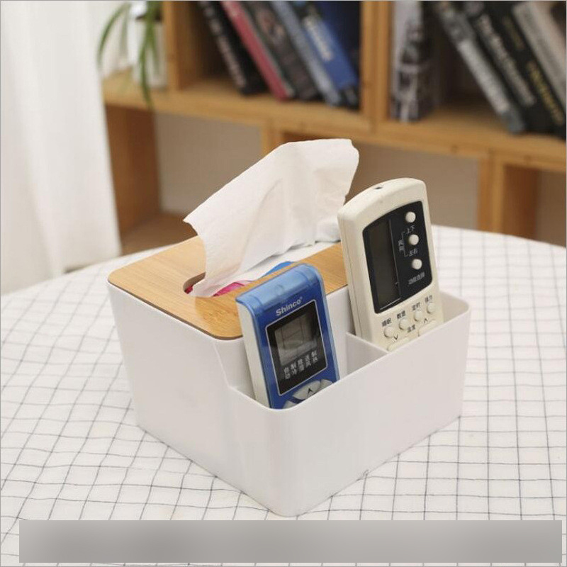 Custom Rectangle Organizer Storage White Plastic Napkin Holder Tissue Box With Bamboo Lid For Table