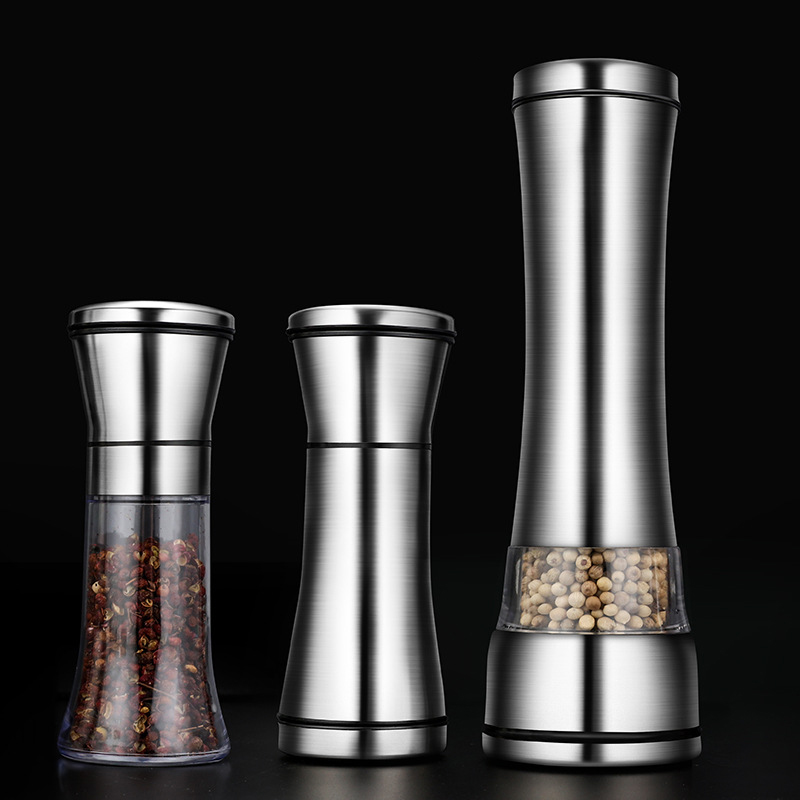 Wholesale light manual mill plastic glass jar bottle premium polished stainless steel spice salt & pepper grinder set