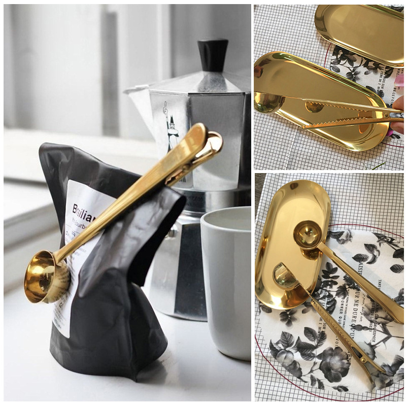 Metal Gold 304 Stainless Steel Coffee Measuring Spoon/scoop with Bag Clip