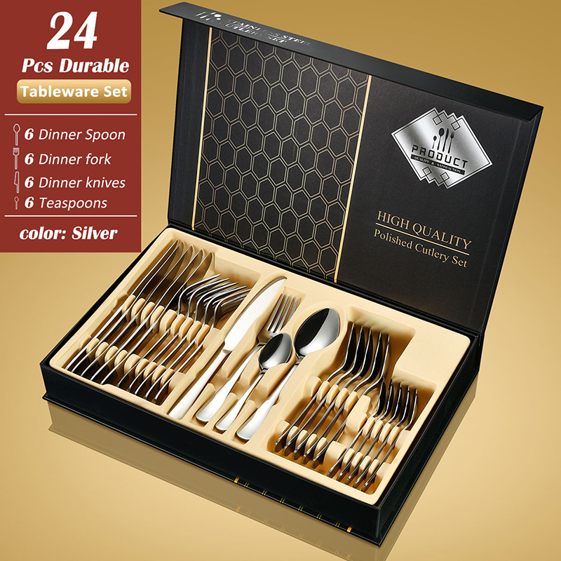24-piece Silverware Oblate Portugal Style Flatware Restaurant Wedding Gold Stainless Steel Cutlery Set in Gift Box