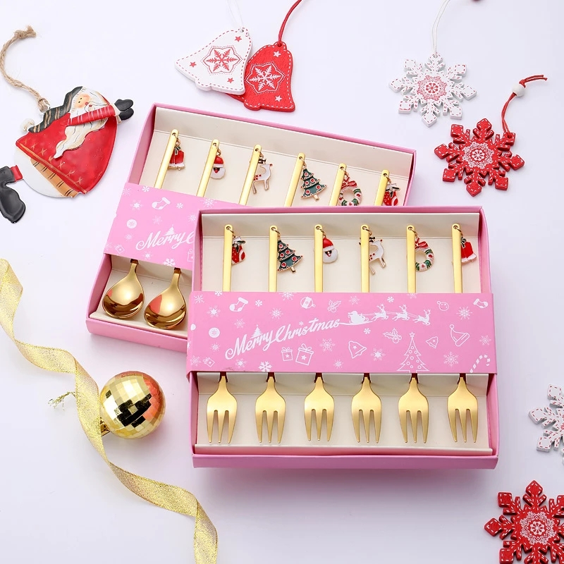 Christmas silver rose gold metal material stainless steel desert coffee tea spoon set with gift box