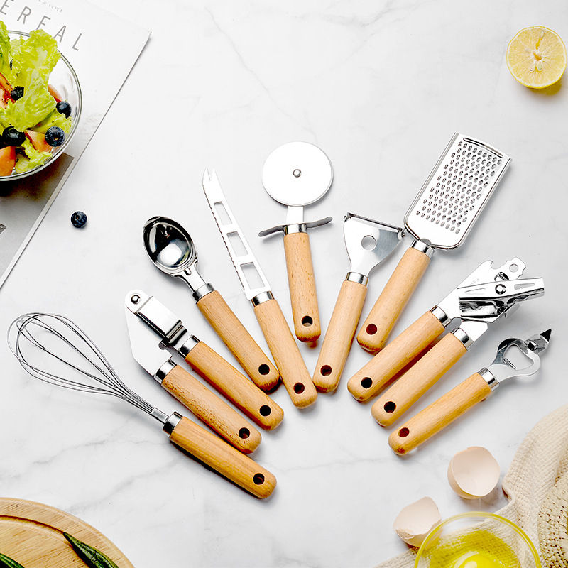 Pizza Cutter Grater Can Bottle Opener Peeler Stainless Steel Kitchen Utensils Set with Wood Handle