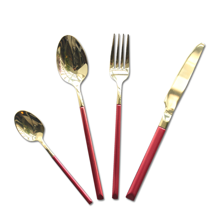 Luxury Stainless Steel Hotel Restaurant Red Handle Gold Plated Cutlery Set