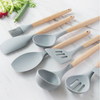 Beech wood utensil serving spaghetti slotted spatula silicone cooking spoon set with wooden long handle holder for kitchen