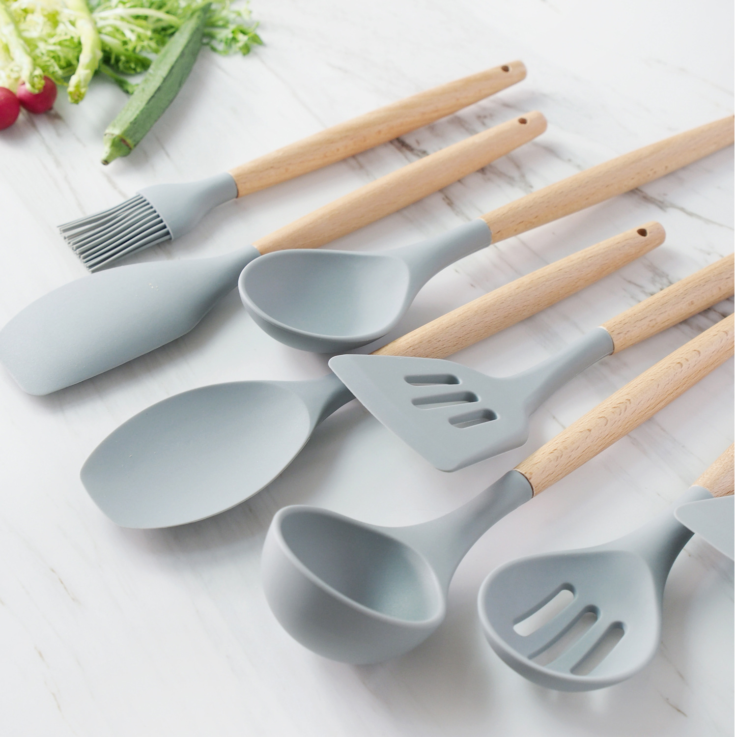 Beech Wood Silicone Cooking Spoon Set with Wooden Handle for Kitchen